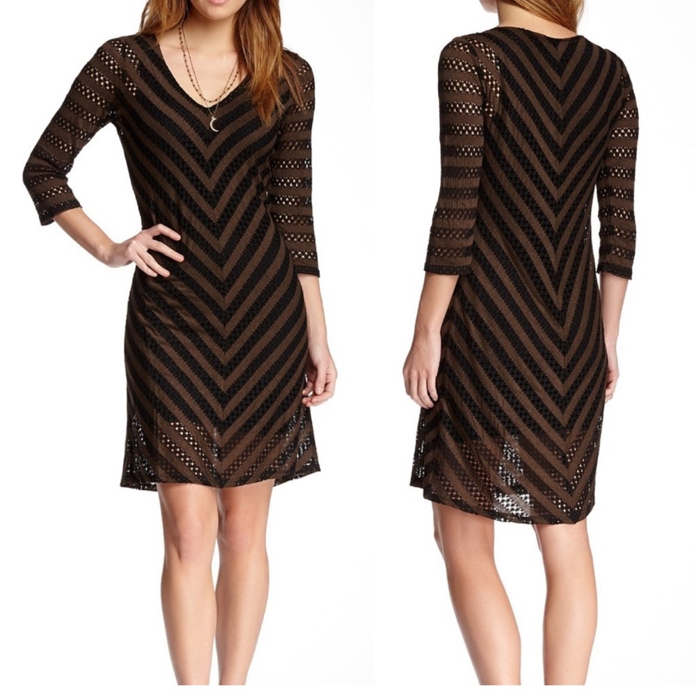 MIRACLEBODY Brown & Black Chevron Slimming Fitted Dress. Medium (8-10.
